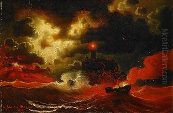 Dramatiskt Kustlandskap Med Angbat I Brand Oil Painting by Marcus Larsson