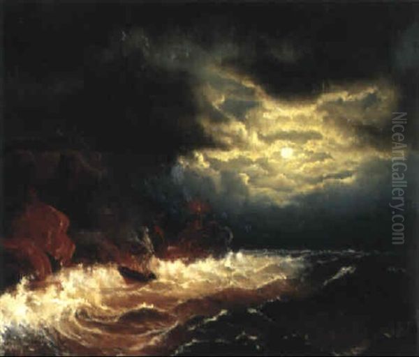 Brinnande Skepp I Stormig M+nnskensnatt Oil Painting by Marcus Larsson