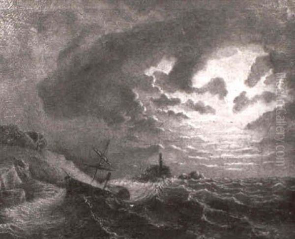 Brinnande Angbat Vid Stormig Kust Oil Painting by Marcus Larsson