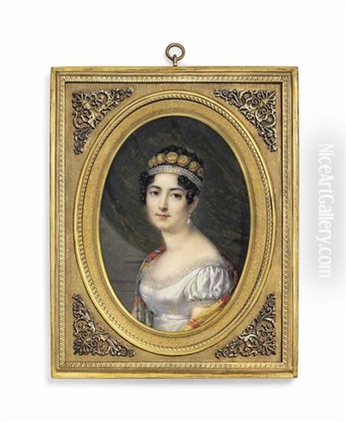 A Young Lady Called Josephine De Beauharnais (1763-1814), In White Dress, Striped Shawl Around Her Shoulders, Drop-pearl Earring, Three Strings... Oil Painting by Andre Leon (Mansion) Larue