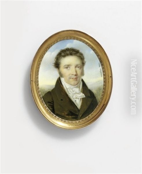 A Young Gentleman, In Brown Coat, White Waistcoat, Shirt And Knotted Cravat, Brown Hair And Sideburns Oil Painting by Andre Leon (Mansion) Larue