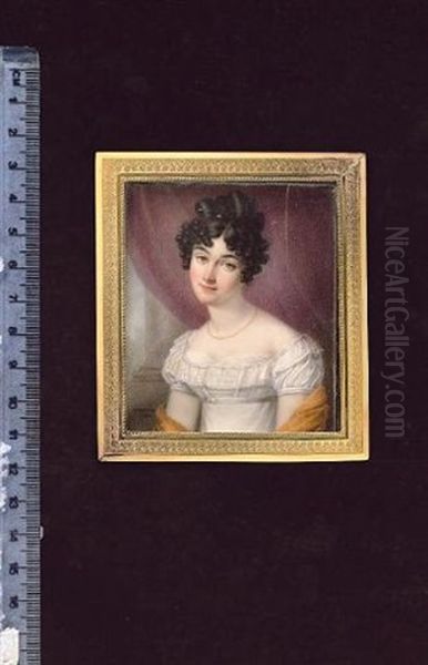 Miss Elizabeth Cooper, Wearing White Dress, The Bodice And Sleeves Striped With Ribbon, Lace Collar, Gauze Underslip, Deep Yellow Shawl And Chain Necklace, Crimson Curtain And Pillar Background Oil Painting by Andre Leon (Mansion) Larue