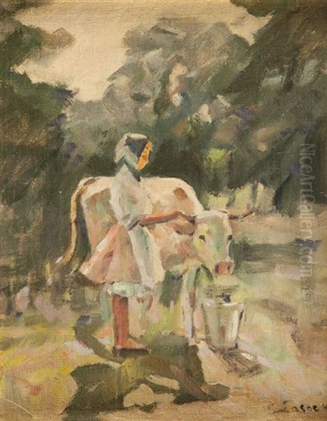 Dziewczyna Z Krowa Oil Painting by Kazimierz Lasocki