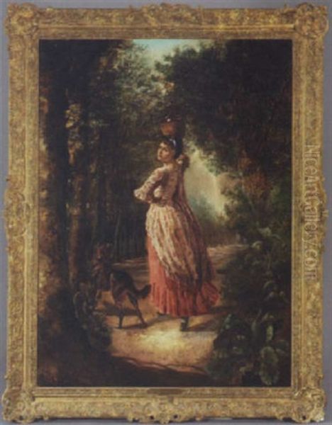 Maiden On A Wooded Path With A Playful Dog Oil Painting by Emile Lassalle