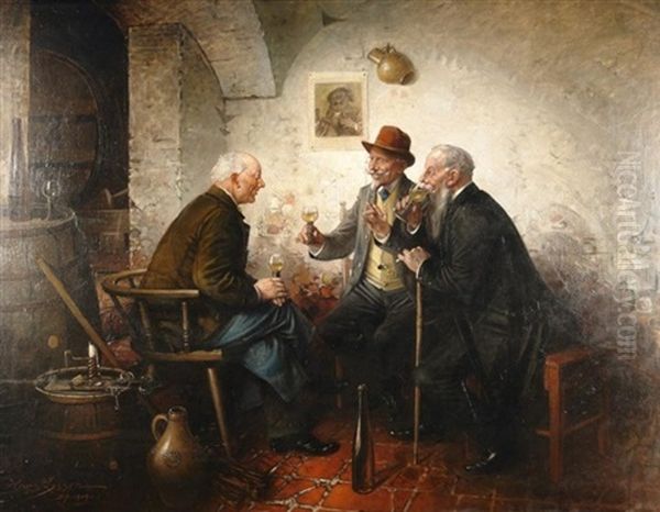 Die Weinprobe. Drei Herren In Vergnugter Runde Im Weinkeller Oil Painting by Hans August Lassen