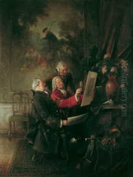Interieur Des 18. Jahrhunderts Mit Drei Connoisseuren Beim Betrachten Von Graphischen Blattern Oil Painting by Hans August Lassen