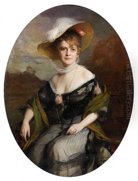 Portrait De Femme Au Corsage Pique D'une Rose Et Au Chapeau A Plumes Oil Painting by Philip Alexius De Laszlo