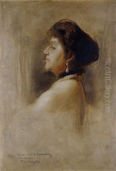 Theresa Vane-tempest-stewart, 6th Marchioness Of Londonderry Head-and-shoulders, In Profile To The Left, Wearing A Black Choker And Row Of Pearls Oil Painting by Philip Alexius De Laszlo