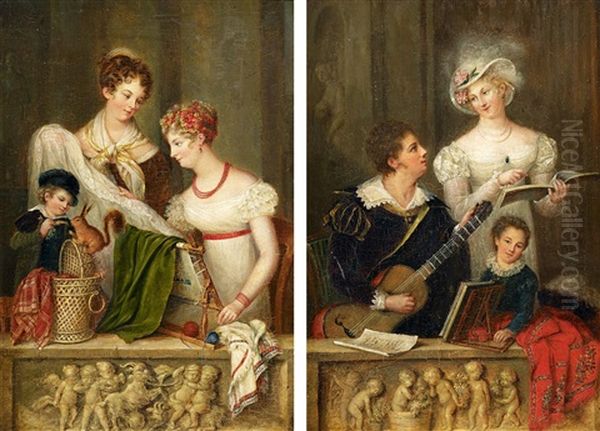 Bei Der Stickarbeit (+ Beim Musizieren; 2 Works) Oil Painting by Marie Latour