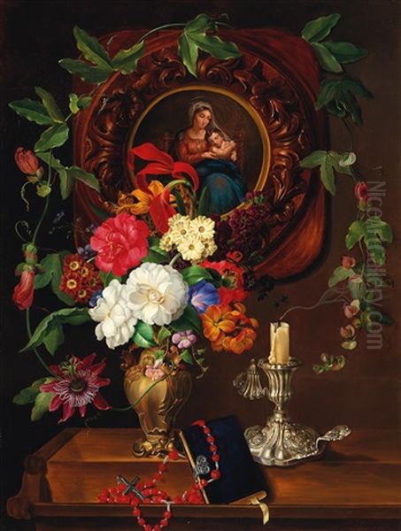 Still Life With Bouquet Of Flowers And Madonna, Garlanded By Passion Flowers Oil Painting by Josef Lauer