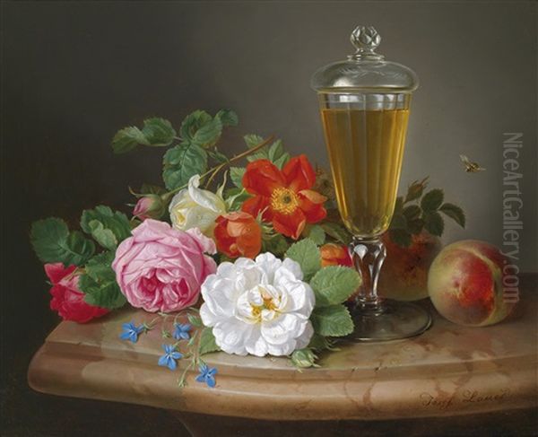 Stillleben Mit Rosen, Pfirsich Und Weinpokal Oil Painting by Josef Lauer
