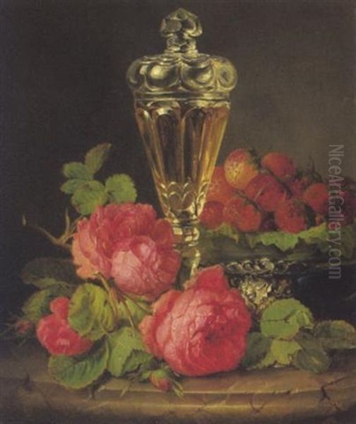 Stilleben Mit Rosen, Erdbeeren Und Einem Glaspokal Oil Painting by Josef Lauer