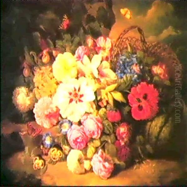 A Still Life Of Flowers, Butterflies, A Melon And A Basket  In A Mountainous Landscape Oil Painting by Josef Lauer