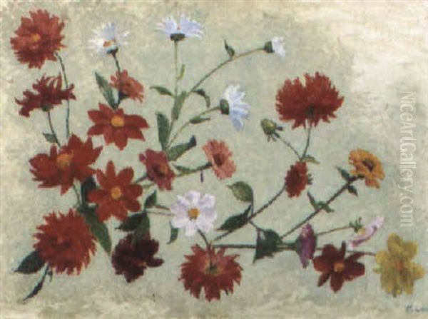 Bouquet De Dahlias Oil Painting by Achille Lauge