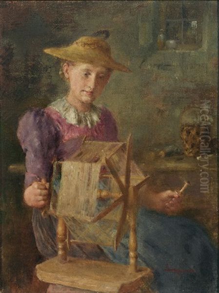 Madchen Am Spinnrad Oil Painting by Anton Laupheimer