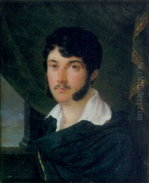 A Fine Portrait Of Count Vittorio Alfieri In Blue Cloak With Gold Tassel Fastening And White Shirt Swagged Green Curtain Oil Painting by Andre Leon Laure