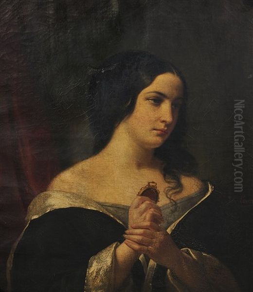 Portrait De Femme Tenant Un Medaillon Oil Painting by Jules Laure