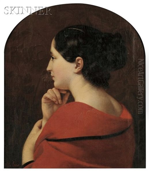 Portrait In Profile Of A Young Woman With A Red Drape Oil Painting by Jules Laure