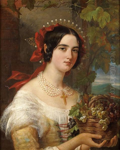 Portrait De Femme Au Panier De Raisins Oil Painting by Jules Laure