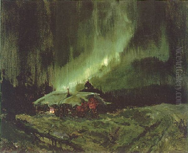 Cabin With Northern Lights Oil Painting by Sydney Mortimer Laurence