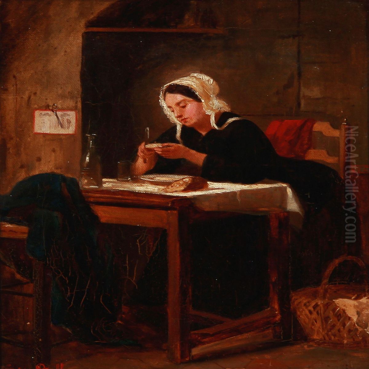 A Women Preparing Her Food At The Table Oil Painting by Sophie Bell