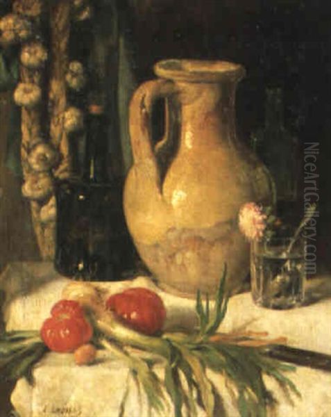 Stilleben Mit Gem_se Und Tonkrug Oil Painting by Jules Joseph Augustin Laurens