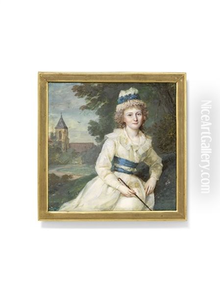 A Lady In White Dress, Seated In A Landscape With A Church, Holding A Riding Crop Oil Painting by Jean Antoine Laurent