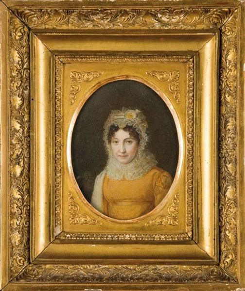 Portrait De Gertrude Bonaparte, Tante Et Marraine De L'empereur Napoleon Ier, En Buste De Face, Portant Un Bonnet En Dentelle Et Vetue D'une Robe Orange Oil Painting by Jean Antoine Laurent