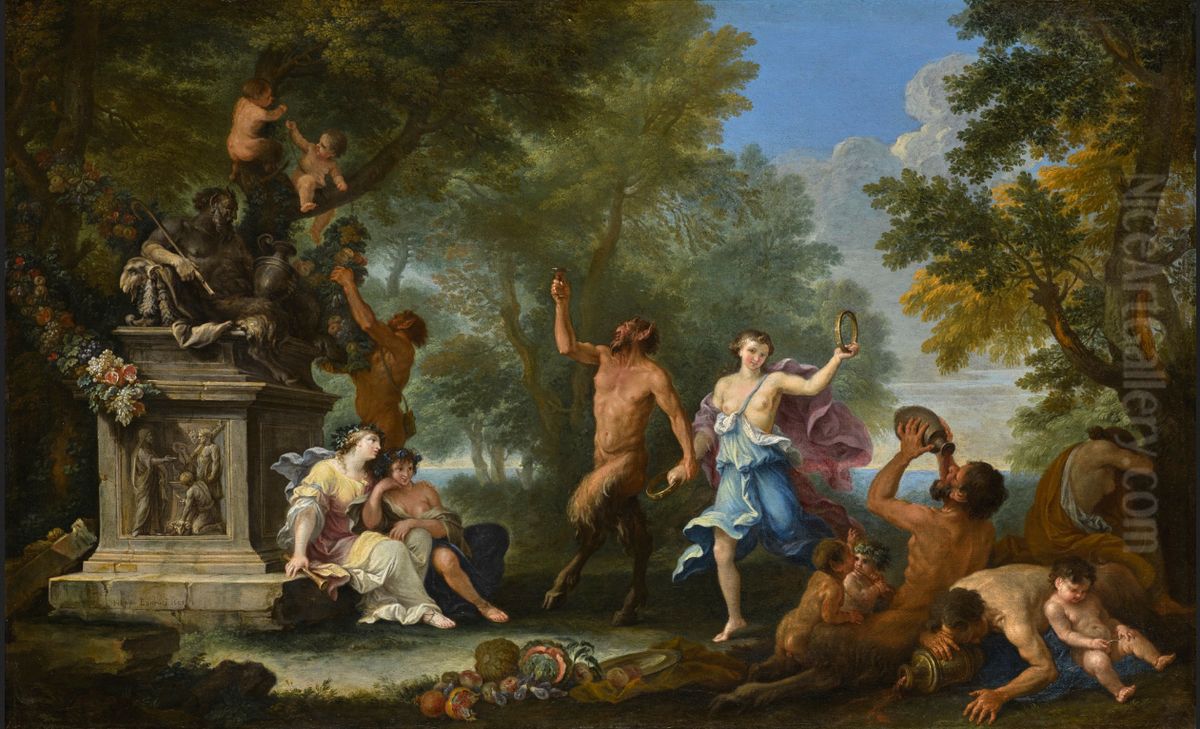 A Bacchanal, With Offerings Strewn Around A Statue Of Pan Oil Painting by Filippo Lauri