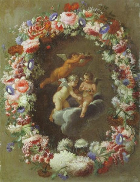 Auf Einer Wolke Putten Mit Vogelnestern In Einer Blumenguirlande Oil Painting by Filippo Lauri