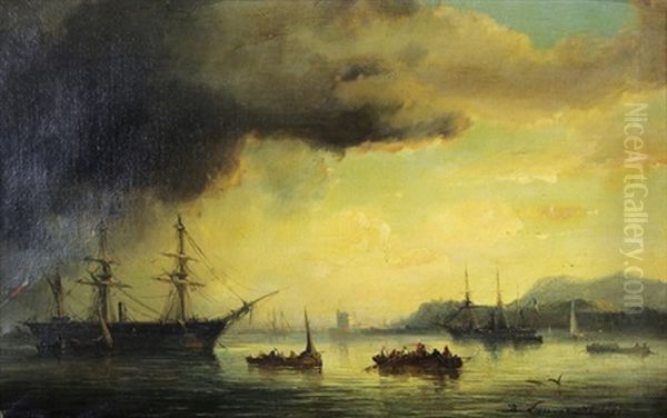 Bateaux Dans Le Port Oil Painting by Lauvergne, Barthelemy