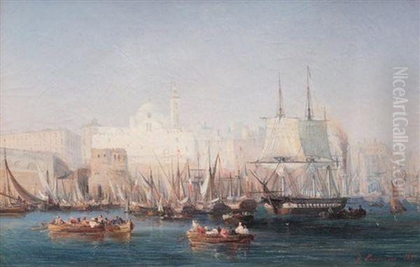 Bateaux Dans Le Port De Constantinople Oil Painting by Lauvergne, Barthelemy