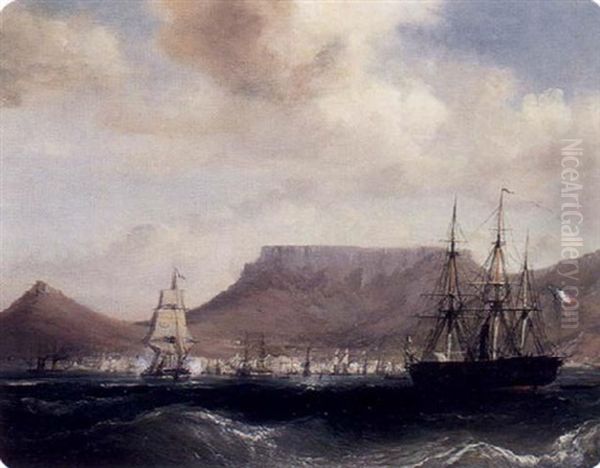 Bateau Battant Pavillon Francais Devant Un Port Oil Painting by Lauvergne, Barthelemy