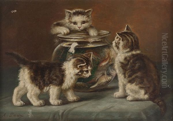 Three Kittens Surrounding A Fish Bowl Oil Painting by August Laux