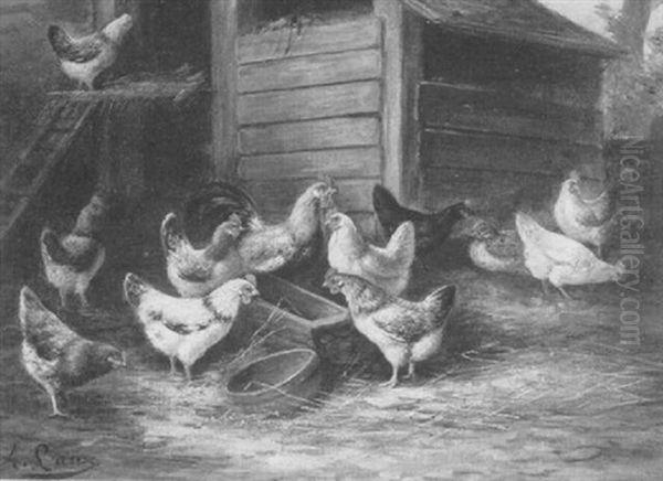Chickens In The Barnyard Oil Painting by August Laux