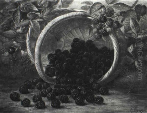 Nature Still Life/overturned Basket Of Blackberries Oil Painting by August Laux