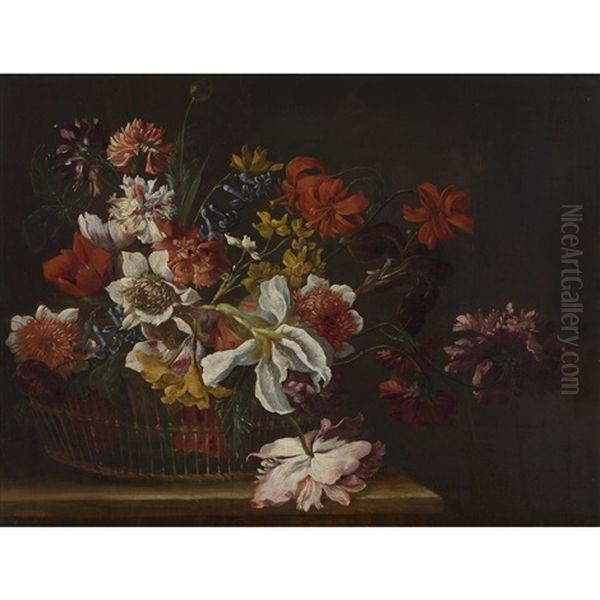 Still Life Of Flowers In A Basket On A Ledge Oil Painting by Giuseppe Lavagna