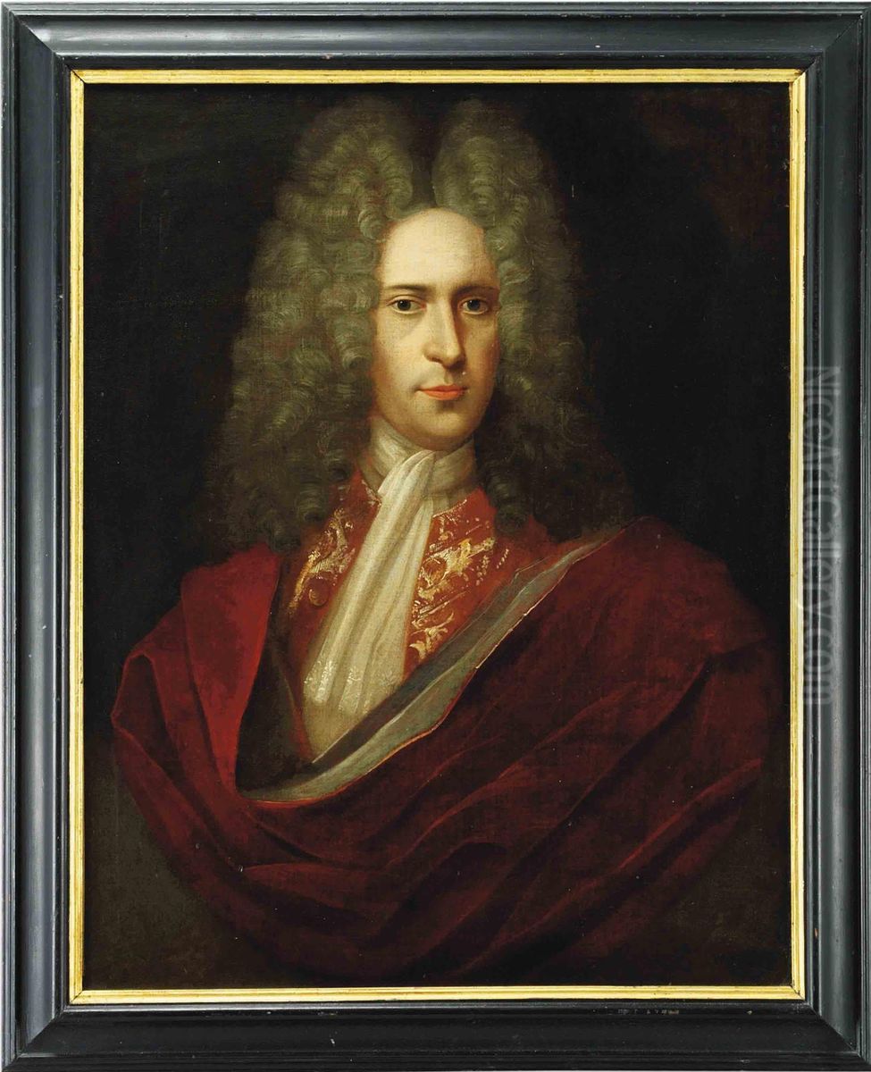 Portrait Of A Gentleman, Bust-length, In A Burgundy Wrap And Whitestock, Feigned Oval Oil Painting by Alexis-Simon Belle