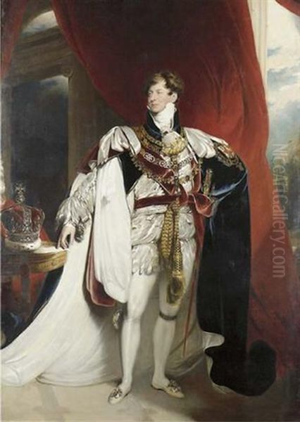 Portrait Of King George Iv In Garter Robes, His Crown On A Table At His Side, In An Interior Oil Painting by Thomas Lawrence