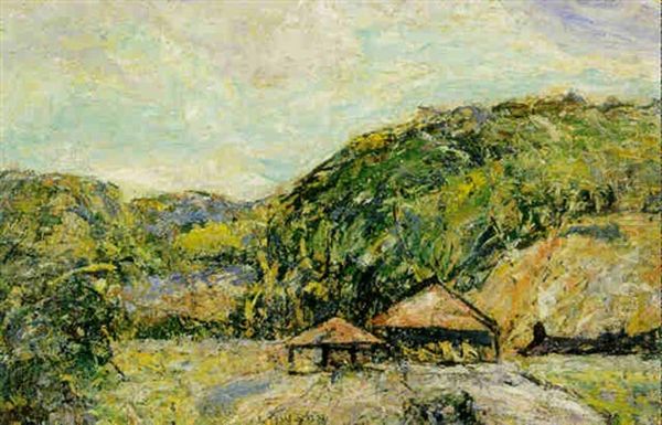 Landscape With Red Roofed Huts Oil Painting by Ernest Lawson