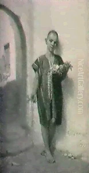 Marockansk Gosse Med Blomsterkorg Oil Painting by Jean Raymond Hippolyte Lazerges