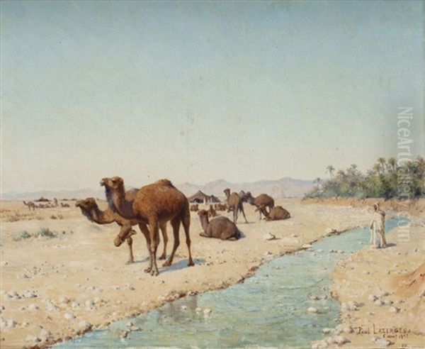 Chameaux A L'oued Oil Painting by Jean Baptiste Paul Lazerges