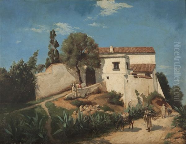 Figures Near A Hillside Compound, Morocco Oil Painting by Jean Baptiste Paul Lazerges