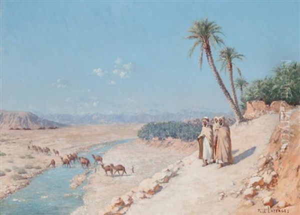 La Caravane Dans L'oued Oil Painting by Jean Baptiste Paul Lazerges