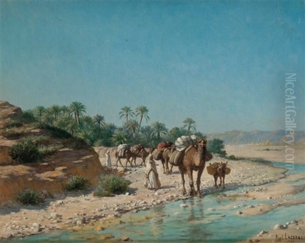 Caravane Franchissant Un Oued Oil Painting by Jean Baptiste Paul Lazerges