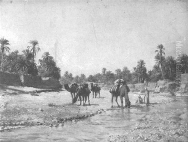 Caravan Arrivant At Biskra Oil Painting by Jean Baptiste Paul Lazerges