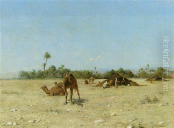 Camels By An Arab Encmpment Oil Painting by Jean Baptiste Paul Lazerges