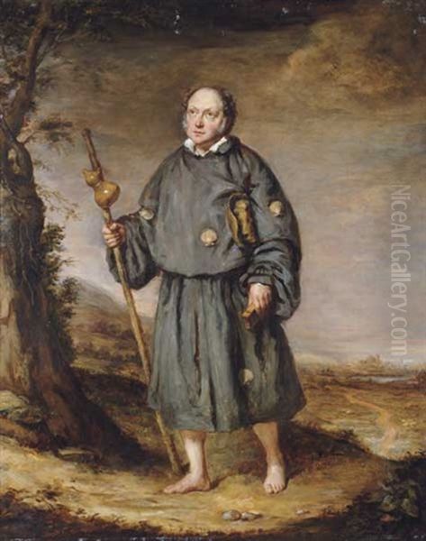 Portrait Of A Gentleman As A Pilgrim, On A Track, Holding A Staff With A Gourd And A Bible Oil Painting by Edward Daniel Leahy