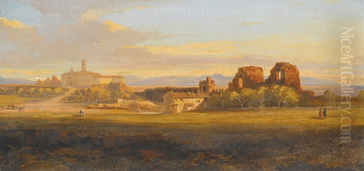 A View Of The Roman Campagna, A Villa And Aqueduct In The Distance Oil Painting by Edward Lear
