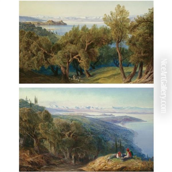 Corfu From The Village Of Ascension (+ Corfu From Gastouri; Pair) Oil Painting by Edward Lear